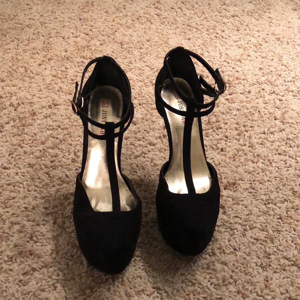 Black suede stiletto platforms